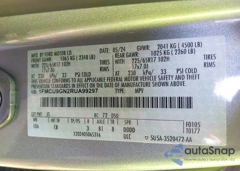 2024 Ford Escape Active из США, поврежденный, VIN 1FMCU9GN2RUA99297